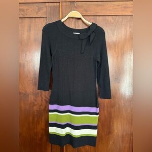 Milly Black Knit Midi Dress with Purple and Lime Stripe Hem
